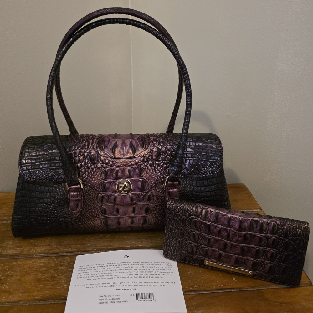 Brahmin Elegant Purple and Black Crocodile Embossed Women's Bag Set